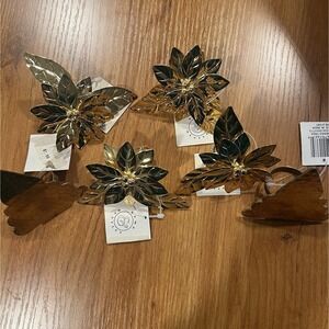 VTG Set of 6 -  4 Kemp Beatley POINSETTIA Napkin Ring & 2 Hammered Tree Gold